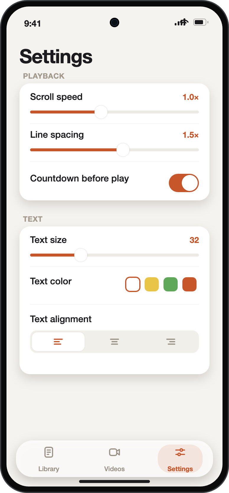 Settings screen